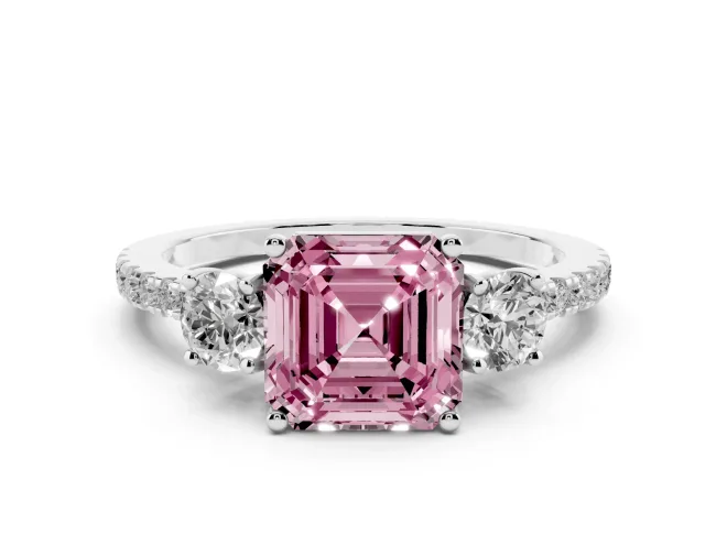 Fancy Pink Asscher Cut Diamond Three-Stone Ring Set in White gold with Pavé Band and Graduated Sides