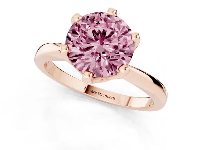 Fancy Pink Round Cut Diamond Solitaire Engagement Ring Set in Rose gold with Slim Tapered Solitaire Band – second view
