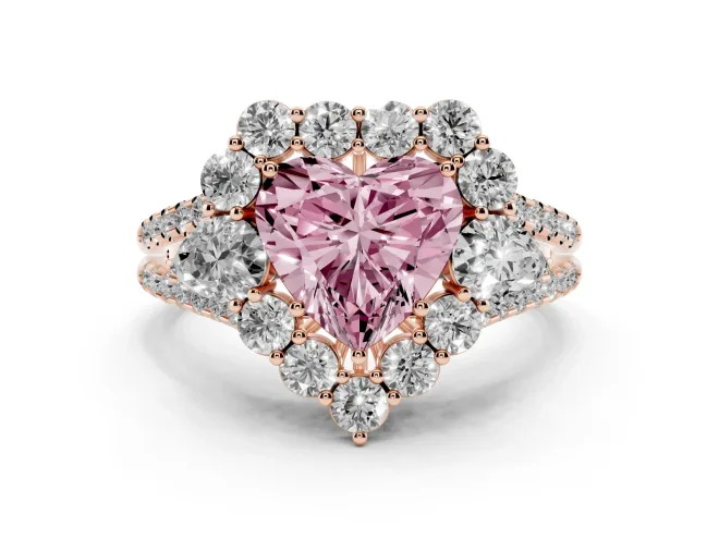 Heart-Shaped Scalloped Halo Engagement Ring Setting for a Fancy Pink Lab-Grown Diamond | Pear Side Stones | Rose Gold