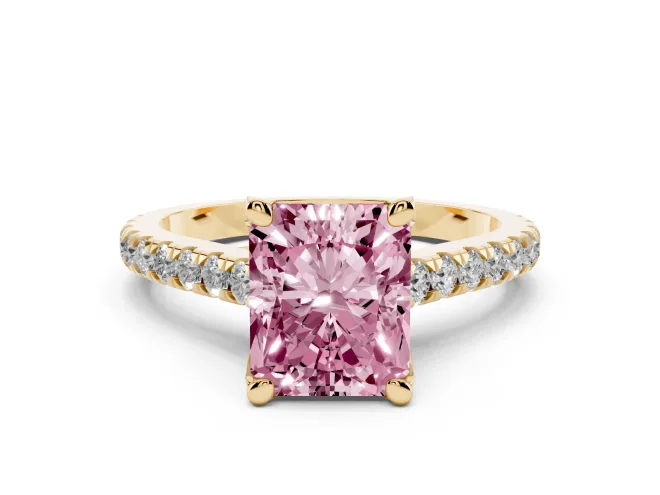 Radiant Cut Hidden Halo Pavé Engagement Ring Setting for a Fancy Pink Lab-Grown Diamond | Claw Prongs | Yellow Gold