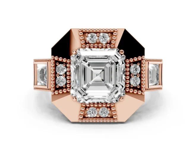 Asscher Cut Milgrain Sectioned Halo Engagement Ring Setting | Square-Framed Sides | Rose Gold