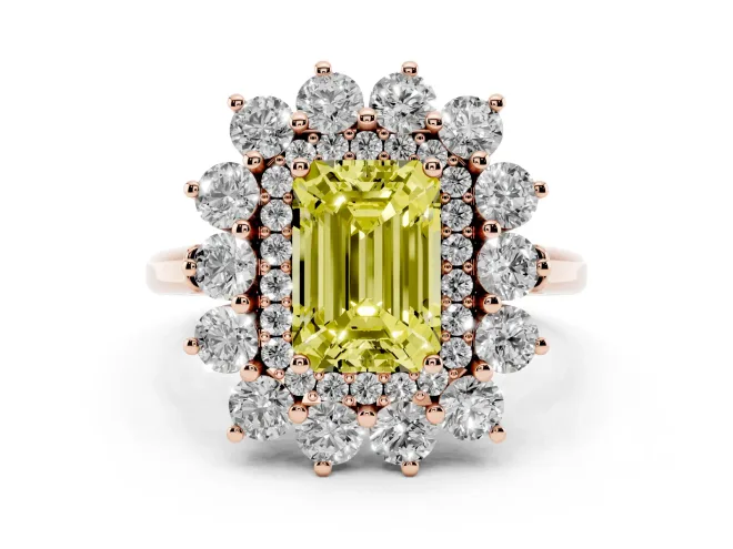 Emerald Cut Floral Double Halo Engagement Ring Setting for a Fancy Yellow Lab-Grown Diamond | Plain Band | Rose Gold