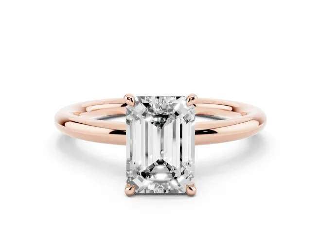 Emerald Cut Diamond Solitaire Ring Set in Rose gold with Thin Band and Prong Setting