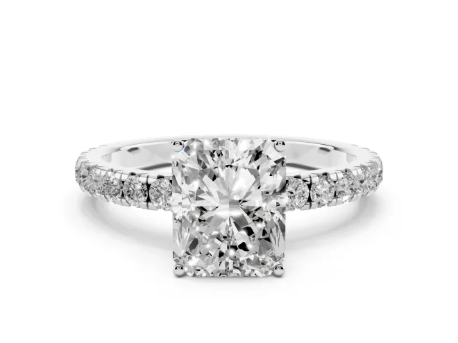 Radiant Cut Diamond Pavé Solitaire Engagement Ring Set in White gold with Prong Setting