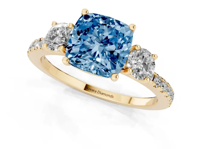 Fancy Blue Cushion Cut Diamond Three-Stone Ring Set in Yellow gold with Pavé Band and Graduated Sides – second view
