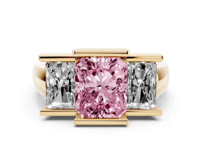 Fancy Pink Radiant Cut Diamond Three-Stone Channel Set Ring Set in Yellow gold with Smooth Polished Band