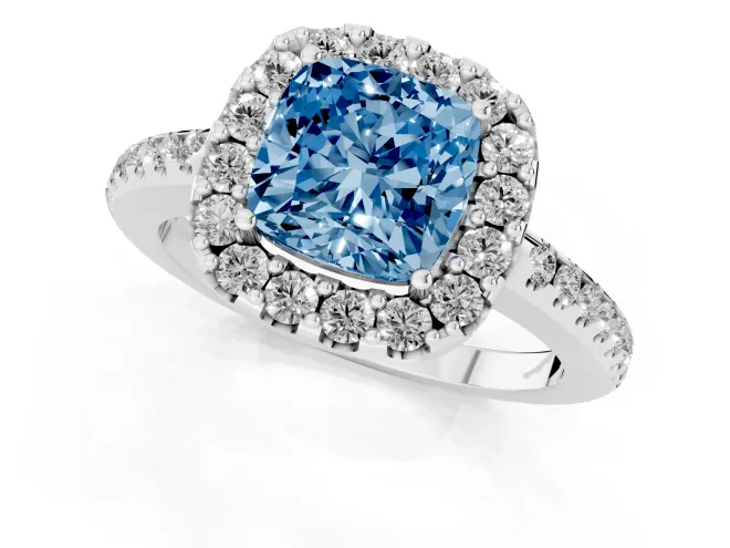 Fancy Blue Cushion Cut Diamond Pavé Halo Ring Set in Platinum with Prong Setting – second view