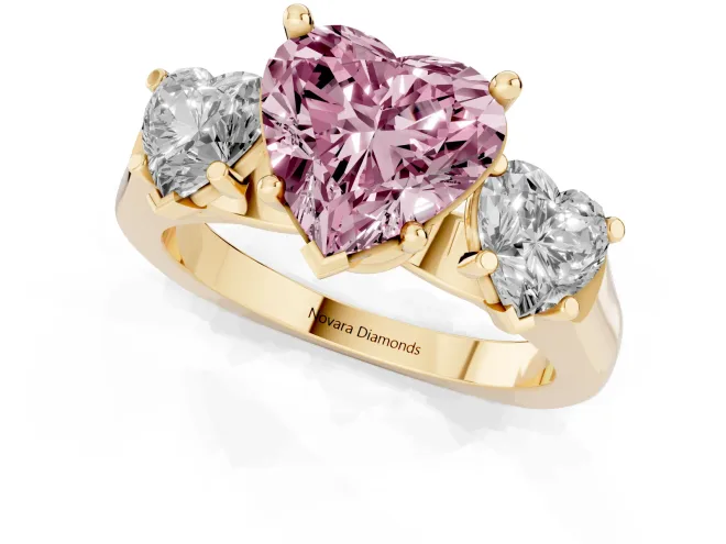 Fancy Pink Heart Cut Diamond Three-Stone Trellis Ring Set in Yellow gold with Comfort Fit Band – second view