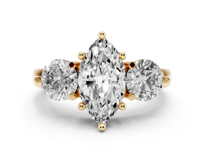 Marquise Cut Diamond Three-Stone Ring Set in Yellow gold with Prong Setting and Classic Band