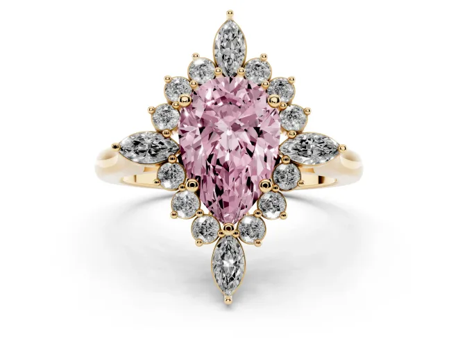 Fancy Pink Pear Cut Diamond Cluster Halo Ring Set in Yellow gold with Marquise and Round Accents
