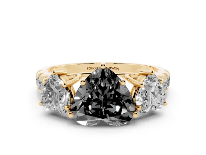 Heart-Shaped Three Stone Engagement Ring Setting for a Black Center | Accented Shoulders | Yellow Gold
