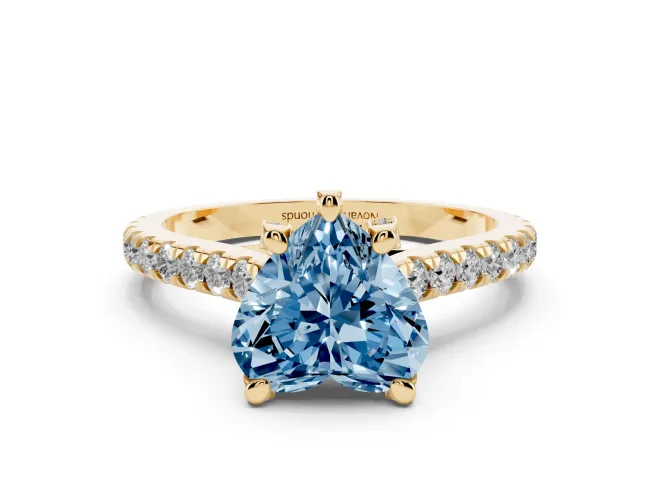 Heart-Shaped Hidden Halo Pavé Engagement Ring Setting for a Fancy Blue Lab-Grown Diamond | Claw Prongs | Yellow Gold