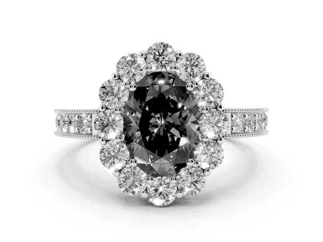Oval Vintage Halo Engagement Ring Setting for a Black Center | Milgrain Channel Band | White Gold