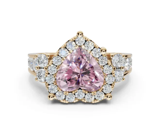 Heart-Shaped Halo Engagement Ring Setting for a Fancy Pink Lab-Grown Diamond | Graduated Channel Band | Yellow Gold