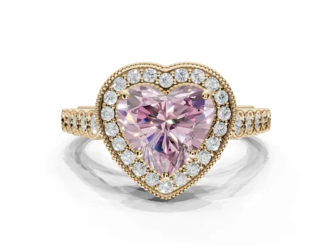Heart-Shaped Graduated Milgrain Halo Engagement Ring Setting for a Fancy Pink Lab-Grown Diamond | Yellow Gold