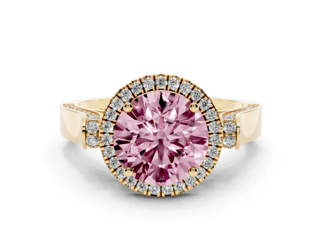 Round Pavé Halo Engagement Ring Setting for a Fancy Pink Lab-Grown Diamond | Yellow Gold