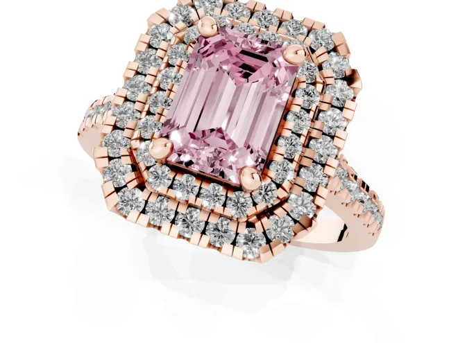 Fancy Pink Emerald Cut Diamond Double Halo Statement Ring Set in Rose gold with Pavé Band – second view