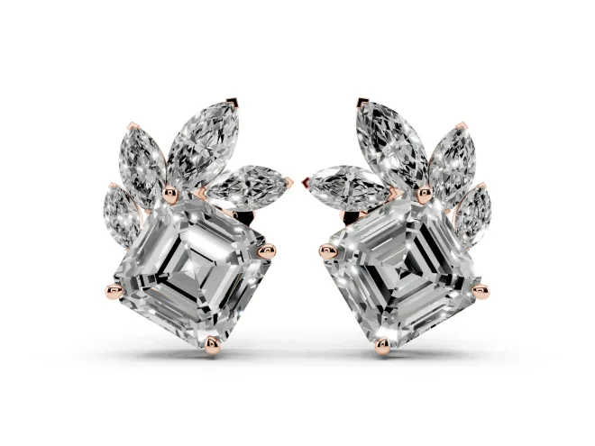 Asscher and Marquise Lab-Grown Diamond Cluster Stud Earrings | Marquise Leaf Spray | Rose Gold