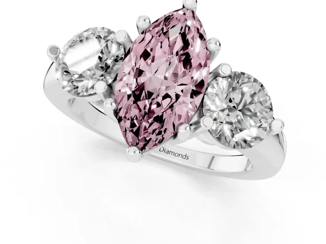 Fancy Pink Marquise Cut Diamond Three-Stone Ring Set in Silver with Prong Setting and Classic Band – second view