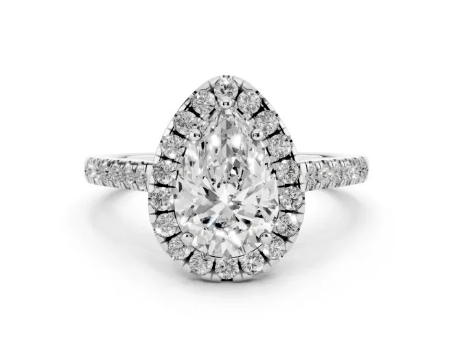 Pear Cut Diamond Pavé Halo Engagement Ring Set in Platinum with Pavé Band and Prong Setting