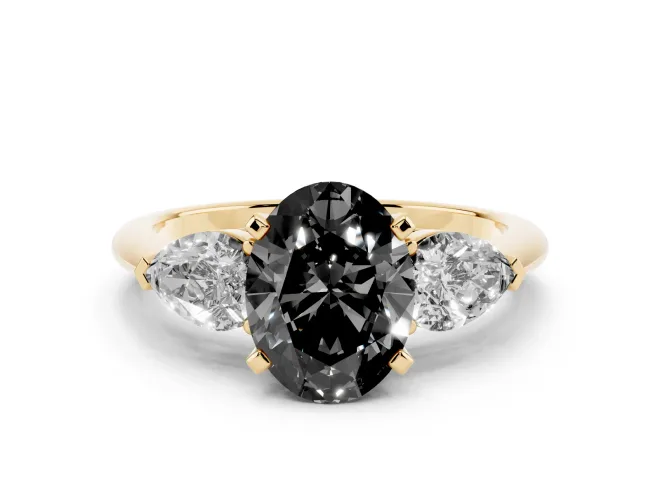Oval Three-Stone Engagement Ring Setting for a Black Center | Pear Side Stones | Yellow Gold