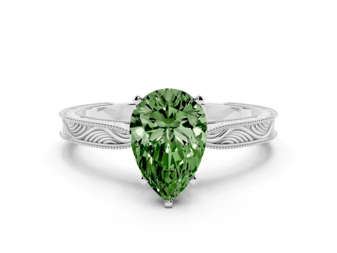 Pear-Shaped Engraved Engagement Ring Setting for a Fancy Green Lab-Grown Diamond | Sterling Silver