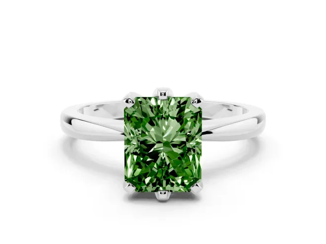 Fancy Green Radiant Cut Diamond Solitaire Engagement Ring Set in Platinum with Slim Tapered Solitaire Band