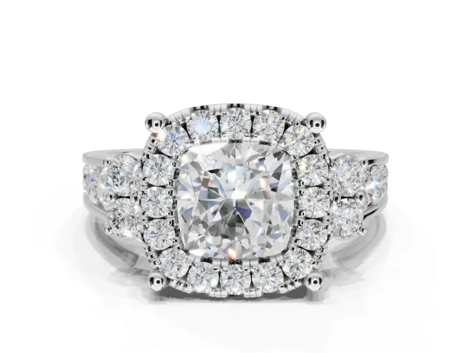 Cushion Cut Halo Side Cluster Engagement Ring Setting | Graduated Channel Band | White Gold