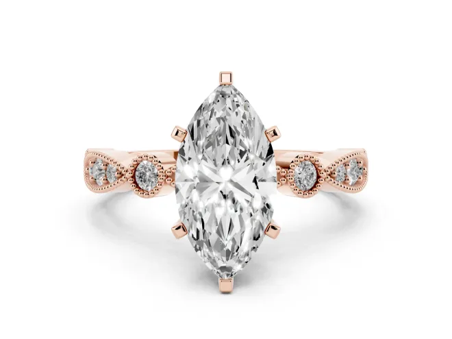 Marquise Cut Diamond Solitaire Engagement Ring Set in Rose gold with Milgrain Bezel Accent Band