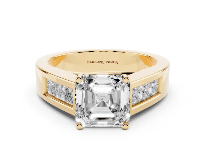 Asscher Cut Diamond Solitaire Ring Set in Yellow gold with Channel-Set Accent Stones and Prong Setting