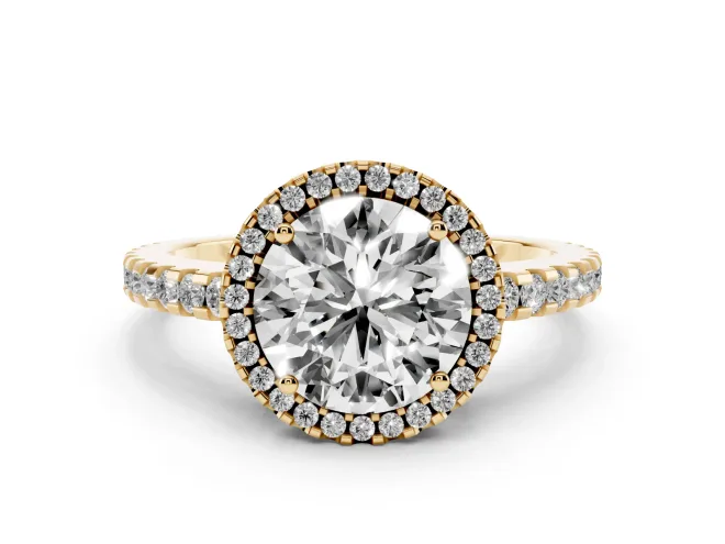 Round Cut Diamond Halo Ring Set in Yellow gold with Pavé Shoulders and Halo-Framed Center