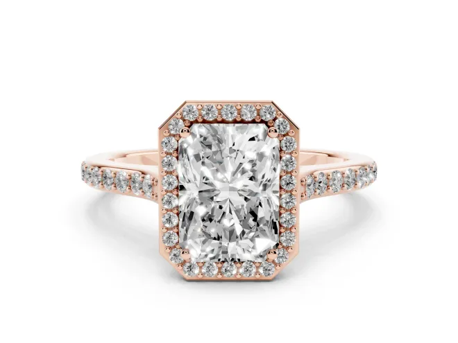 Radiant Cut Diamond Halo Engagement Ring Set in Rose gold with Round Pavé Shoulders and Heart Gallery