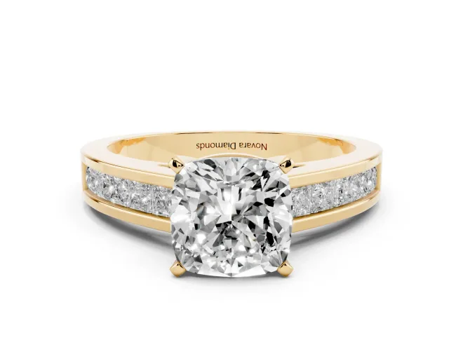 Cushion Cut Channel Set Engagement Ring Setting | Princess Cut Accents | Yellow Gold