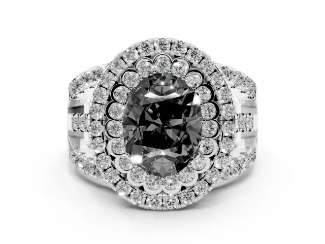 Fancy Black Oval Cut Diamond Double Halo Ring Set in White gold with Round Pavé Split Shank