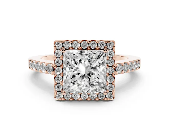 Princess Cut Halo Engagement Ring Setting | Single Row Pavé Band | Rose Gold