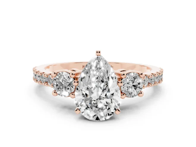 Pear-Shaped Three Stone Pavé Engagement Ring Setting | Round Side Stones | Rose Gold