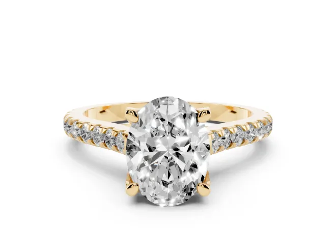 Oval Cut Diamond Solitaire Ring Set in Yellow gold with Brilliant Pavé Band and Prong Setting