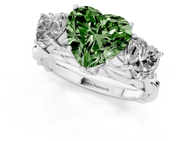 Fancy Green Heart Cut Diamond Three-Stone Ring Set in Silver with Braided Band – second view
