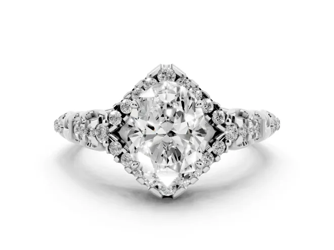 Oval Hidden Halo Filigree Engagement Ring Setting | Pavé Shoulders | White Gold