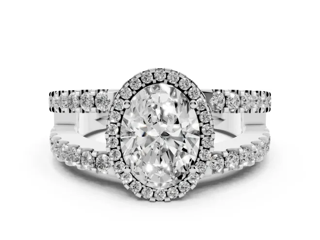 Oval Cut Diamond Halo Ring Set in Silver with Pavé Split Shank and Prong Setting