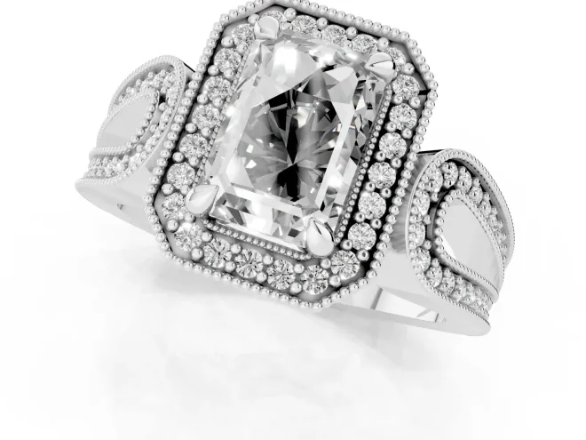 Emerald Cut Diamond Halo Ring Set in Silver with Milgrain Accent Split Shank – second view