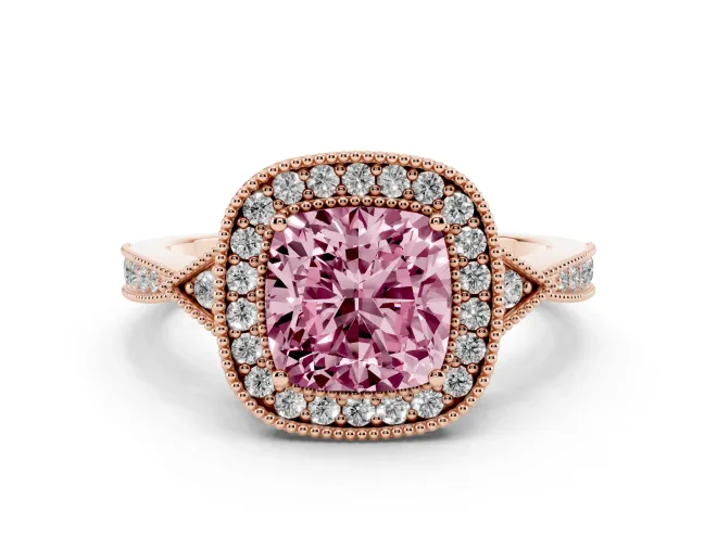 Cushion Cut Milgrain Halo Engagement Ring Setting for a Fancy Pink Lab-Grown Diamond | Graduated Pavé | Rose Gold