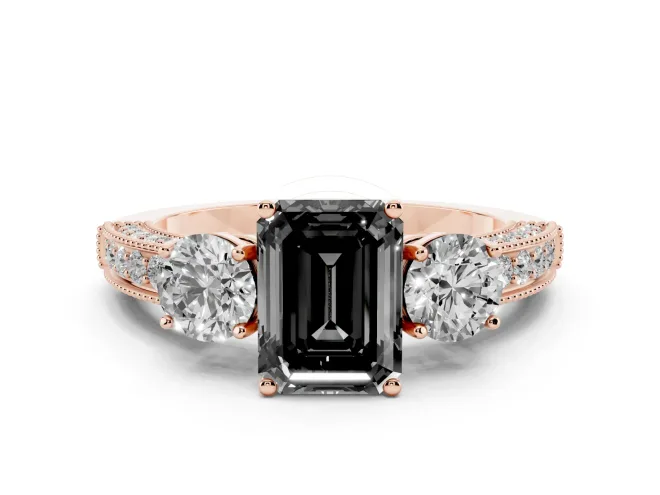 Emerald Cut Three Stone Engagement Ring Setting for a Black Center | Graduated Pavé Band | Rose Gold