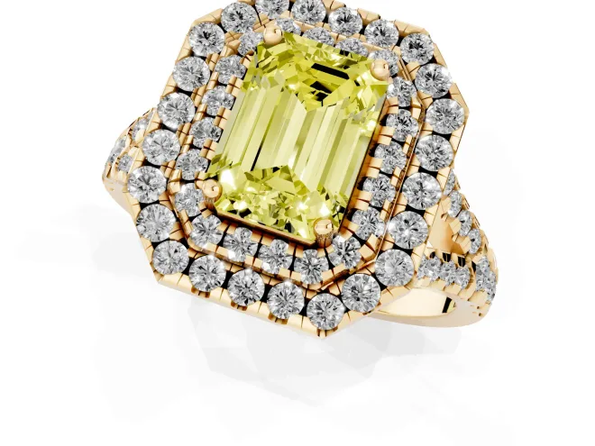 Fancy Yellow Emerald Cut Diamond Double Halo Ring Set in Yellow gold with Pavé Split Shank and Prong Setting – second view