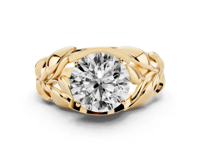 Round Cut Diamond Leaf-Inspired Engagement Ring Set in Yellow gold with Round Accents