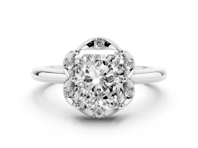 Radiant Cut Diamond Round Cluster Halo Ring Set in Platinum with Solitaire Band and Prong Setting