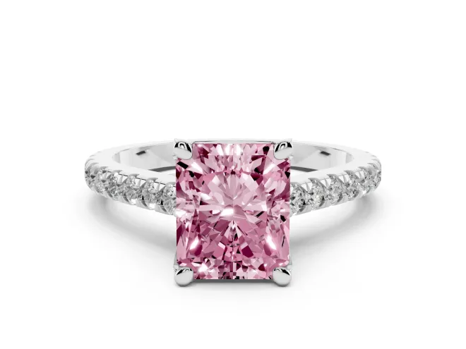 Radiant Cut Hidden Halo Pavé Engagement Ring Setting for a Fancy Pink Lab-Grown Diamond | Claw Prongs | Platinum