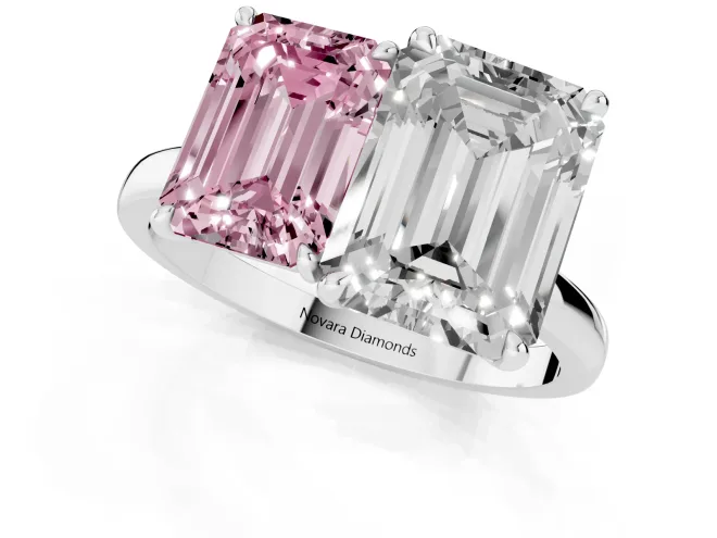 Fancy Pink Emerald Cut and Emerald Cut Toi Moi Ring Set in White gold with Prong Setting – second view