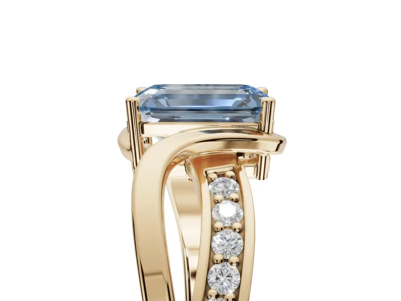 Emerald Cut Bypass Solitaire Engagement Ring Setting for a Fancy Blue Lab-Grown Diamond | Pavé Strands | Yellow Gold