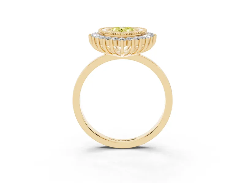 Fancy Yellow Pear Cut Diamond Halo Ring Set in Yellow gold with Milgrain Edge and Round Prong Setting